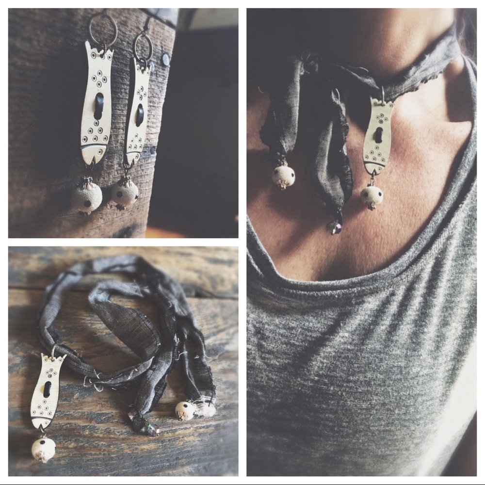 One of a Kind Handcrafted Linen necklace and Earring Set